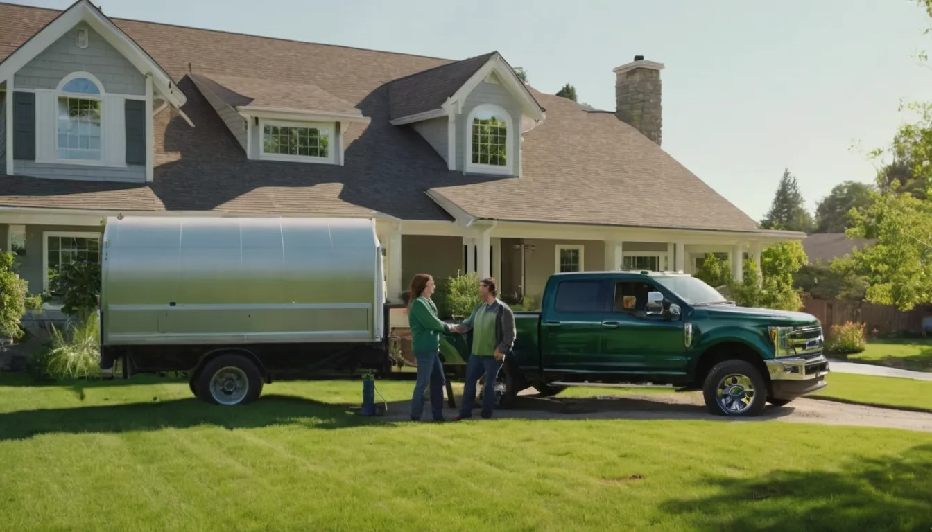 Friendly septic service provider talking with a homeowner in a yard in the Belleville area